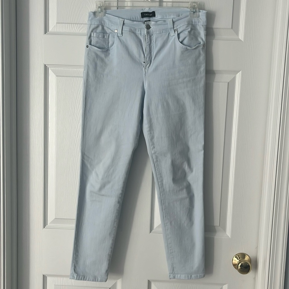 Karen Kane light blue straight leg pants.